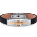 Mens Stainless Steel and Leather Bracelet with Gold Rivet Accents