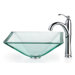 Square Clear Aquamarine Glass Vessel Sink and Rivera Faucet