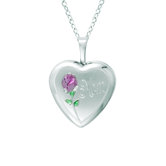 Heart Shaped 'Mom' Locket with Rose in Silver