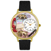 Unisex Stock Broker Black Skin Leather and Goldtone Watch in Gold