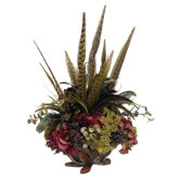 20" Feather and Hydrangea Floral Arrangement with Resin Leaf Bowl
