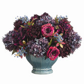 Blue Berries, Hydrangea, Roses in Ceramic Bowl