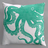 Octopus Turquoise Pillow on White Linen