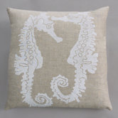 Seahorse White Pillow on Natural Linen