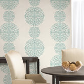 Salon Medallion Stripe Wallpaper in Aquamarine Blue