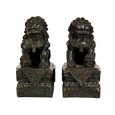 9" Foo Dog Statues in Dark Faux Antique Bronze Patina (Set of Two)