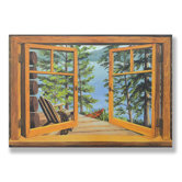 Cabin and Lake Wooden Faux Window Scene
