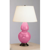 Double Gourd Table Lamp in Schiaparelli Pink Glazed Ceramic with Deep Patina Bronze Base & Pearl Dupioni Fabric Shade