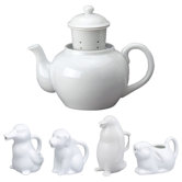 16 Oz. Porcelain Teapot in White with Infuser and Animal Creamer