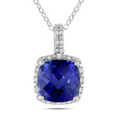 Sterling Silver Cushion Cut Diamonds and Blue Sapphire Fashion Pendant