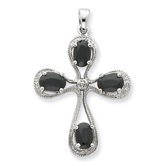 Sterling Silver Rhodium Dark Sapphire and Diamond Cross Pendant