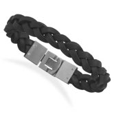 Braided Black Leather Bracelet With Stainless Steel Closure