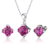 Classic Dream 10.25 Carats Checkerboard Lily Cut Pink Sapphire Pendant Earring Set in Sterling Silver