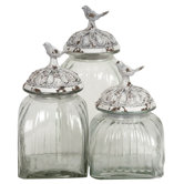 Glass Jar with Bird on Lid (Set of 3)