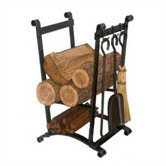Compact Curved 3 Piece Fireplace Steel Tool Set with Log Rack