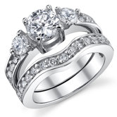Sterling Silver Round Cubic Zirconia 925 Wedding Band Engagement Ring Set