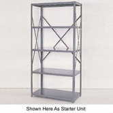 Industrial Clip Open Shelving: Angle Post Units with 5 Shelf Frames; Adder Unit