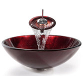Clear Glass Irruption Red Sink and Waterfall Faucet
