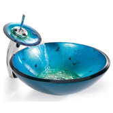 Clear Glass Irruption Blue Sink and Waterfall Faucet