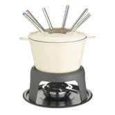 Cast Iron Enamelled Fondue Gift Set with Six Forks - Cream