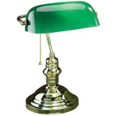 Banker's Lamp in Polished Brass with Green Glass
