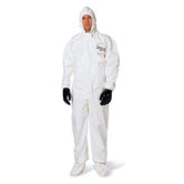 White Tychem&reg; SL Chemical Protection Coveralls With Bound Seams, Storm Flap Over Front Zipper Closure, Attached Hood, Attached Sock Boots, Elastic Face And Elastic Wrists