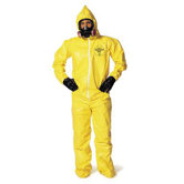 Yellow Tychem&reg; QC Chemical Protection Coveralls With Serged Seams, Front Zipper Closure, Attached Hood, Attached Sock Boots, Elastic Face And Elastic Wrists