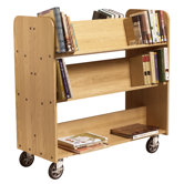 11" Solid Oak Book Truck With 4 Sloped & 1 Flat Shelf