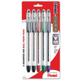 Ballpoint Pen, Medium Point,5/PK,Asst. Ink/Clear Barrel
