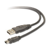 USB Mini-B Cables, 6' Cord, 5-Pin, Gray
