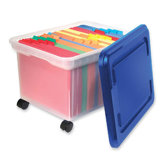 Rolling File Tote, 18"x14"x10-9/10", Clear w/ Blue Lid