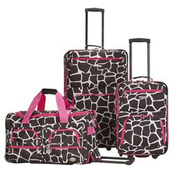 Giraffe Print 3 Piece Luggage Set in Brown & Pink