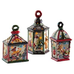 3 Piece Holiday House Lantern Set in Red