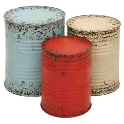 3 Piece Drum End Table Set in Blue, Ivory & Red