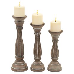 3 Piece Wood Candlestick Set in Brown