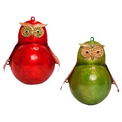 2 Piece Capiz Owl Ball Ornament Set in Red & Lime