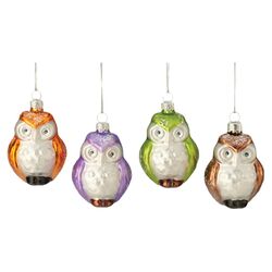 4 Piece Owl Glass Ornament Set