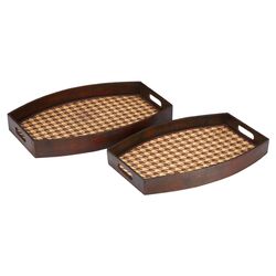 Houndstooth 2 Piece Woven Wood Tray Set in Brown & Beige