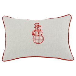 Linen Snowman Embroidered Pillow in Red & White