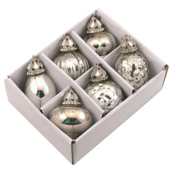6 Piece Glass Crown Cap Ornament Set in Antique Silver 6 Piece Glass Crown Cap Ornament Set in Antique Silver