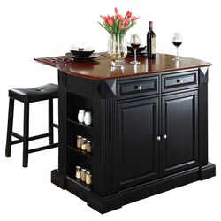 3 Piece Cherry Top Kitchen Island & Backless Stool Set in Black