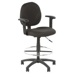 Mid Back Drafting Stool in Black Fabric with Arms