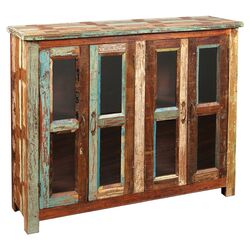 Coralie 4 Door Glass Cabinet in Distressed Wood