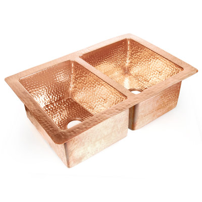 D'Vontz 36" x 22" x 10" Double Bowl 50/50 Hammered Copper Kitchen Sink