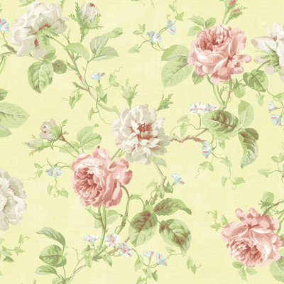 Willow Cottage Rose Trail Wallpaper in Pale Yellow