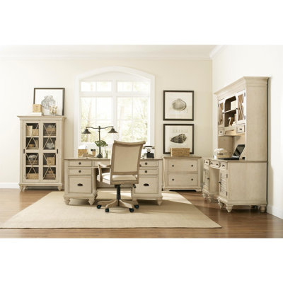 Riverside Furniture Coventry Two Tone Sliding Door Bookcase in Weathered Driftwood and Dover White