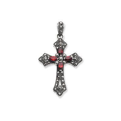 Sterling Silver Red CZ and Marcasite Cross Pendant