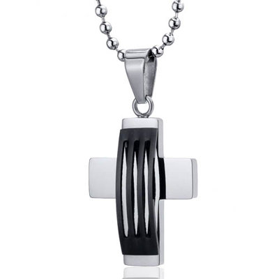 Stainless Steel Triple Stripe Black Enamel Finish Modern Cross Pendant Necklace for Men
