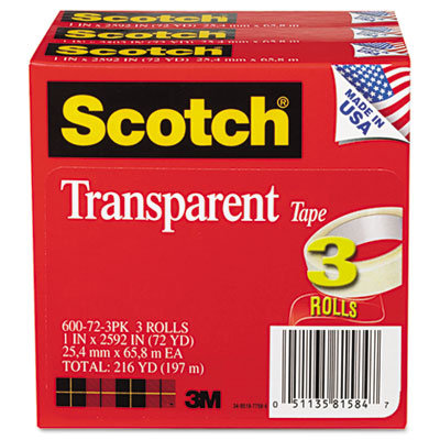 3M Transparent Tape 600-72-3PK, 1 X 2592, 3" core, transparent, 3 Rls                                                           