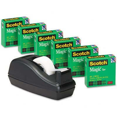 3M C40 Desk Tape Dispenser and Six Rolls Scotch Magic Tape, 1" core, Black                                                      